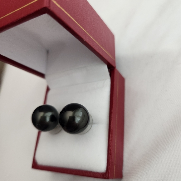 VTG LARGE 12mm BLACK GLASS PEARL STUD EARRINGS STERLING SILVER POST - Picture 3 of 10